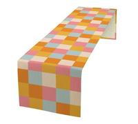 70s Hippie Table Runner Vintage Geometric Square Square Grid Yellow Orange Pink Blue 1960s 1970s Retro Country Farmhouse Dinner Runner for Living Room Kitchen Party Holiday Dinner Home Decor 13x70in