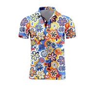 70s Outfits for Men Golf Polo Shirts Short Sleeve Disco Retro Paisley Button Vintage Dry Fit Funny Clothes, 70s Flower Blue, Medium