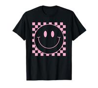 70s Pink Checkered Smile Face Cute Happy Peace Smiling Face T-Shirt