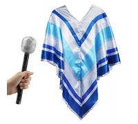 70s Pop Star Costume for Adults - Blue Satin Poncho & Glitter Mic - Funny Fancy Dress for Eurovision, Disco Parties, Stag Nights & Karaoke Events