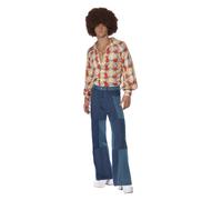 Smiffys 70s Retro Costume, Blue with Shirt & Patchwork Denim Trousers, 1970's Disco Fancy Dress, 1970s Dress Up Costumes Halloween, World Book Day