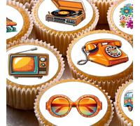 70s Retro Theme Pre-cut Edible Wafer Cupcake Toppers, Vintage Icons with Record Player, Telephone, TV, Disco Ball Design, Seventies 1970's Cake Decorations x 24