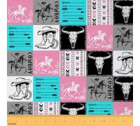 70s Western Cowboy Fabric by The Yard Cow Skull Desert Wild Cactus Fabric for Sewing Lovers Colorful Pink Blue Black Gray Grid Soft Polyester No Stretch 1 Yard,36" L x 59" W