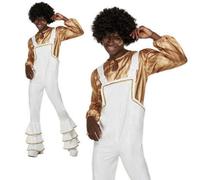 70s White Disco Suit Saturday Night Fever Mens Fancy Dress Costume Dungarees