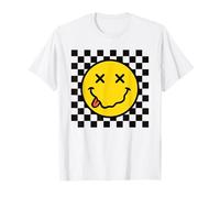 70s Yellow Smile Face Funny Tongue Out Checkered Happy Face T-Shirt