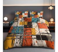 70S80S Orange Yellow Blue Duvet Cover Set Soft Microfiber Small Double Comforter Cover Retro Patchwork Geometric Art Quilt Bedding Set with Hidden Zipper Closure And Comforter Cover Pillowcase
