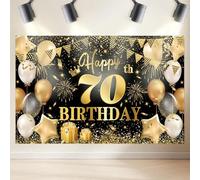 70th Birthday Backdrop Banner, Happy 70th Birthday Decorations, Black Gold Fabric Photo Backdrop Background for Women and Men 70 Party Decorations Indoor and Outdoor Home, 180×110cm