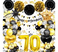 70th Birthday Balloons Black Gold, Banner, Triangle Flag, 70th Birthday Decorations, Black Gold Party Decorations Set, Latex, Heart, Crown And Numbers Balloons, Confetti, Paper Pom Poms, Ribbon