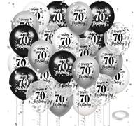 70th Birthday Balloons - Black, White, Silver 24pcs - Happy Birthday Party Confetti Balloons - Latex - Men, Women - Anniversary Party Supplies - Decor - Outdoor - 12 inches