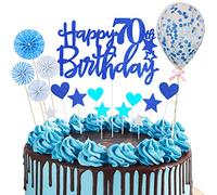 70th Birthday Cake Topper Blue Glitter Royal Blue Happy 70th Birthday Cupcake Topper Set with Star Heart Paper Fan Balloon Dark Blue Cake Decorations Kit for Men Women Him Her Seventy Years Old Party