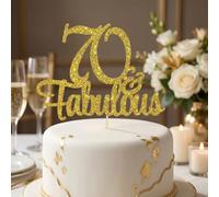 70th Birthday Cake Topper Gold - Fabulous 70 Cake Decorations Non-Edible with Golden Stand for Women Men Anniversary Party Supplies