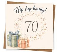 70th Birthday Card, 70th Birthday Card for Her or Him, Hip Hip Hooray Design with Gift Boxes and Sparkling Wreath, Milestone Greeting