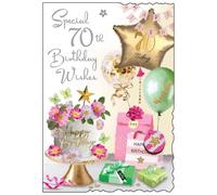 70th Birthday Card - Age 70 Floral Cake Presents and Balloons with Silver Foil 9x6.25"