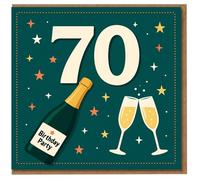 70th Birthday Card - Champagne Bottle, Clinking Glasses and Stars - Milestone Seventieth Celebration Design