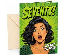 70th Birthday Card Comic Pop Art Woman Seventy It Can't Be True | Large A5 Card with Printed Inside Message; Bold green comic pop art with a surprised woman for Seventy Birthday