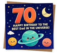 70th Birthday Card for Dad, Big 70, Smiling Planets | Mark Dad’s 70th with a big “70”, cute smiling planets and moon, plus the message “Best Dad in the Universe!”.