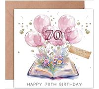 70th Birthday Card for Her-Folded Card,Open Book Watercolour Illustration-Flowers&Balloons Blooming from Pages-Happy 70th Birthday,Blank Inside for Women,Mum,Sister,Grandma-Book Lover Gift (white)