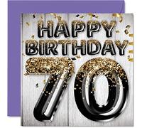 70th Birthday Card for Men - Black & Gold Glitter Balloons - Happy Birthday Cards for 70 Year Old Man Dad Great Grandad Grandpa Gran, 145mm Bday Greeting Cards Gift