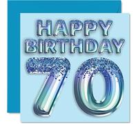 70th Birthday Card for Men - Blue Glitter Party Balloon - Happy Birthday Cards for 70 Year Old Man Great Grandpa Grandad Dad Gran, 145mm Bday Greeting Cards Gift