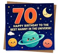 70th Birthday Card for Nanny, Smiling Moon & Planets | Celebrate Nanny’s 70th with cute space characters, big “70” and the line “Best Nanny in the Universe!”