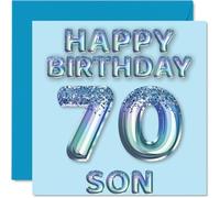 70th Birthday Card for Son - Blue Glitter Party Balloons - Happy Birthday Cards for 70 Year Old Son from Mum Dad Parents, 145mm Bday Greeting Cards Gift