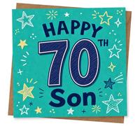 70th Birthday Card for Son - Happy 70th Celebration Card with Stars, Teal Background and Bold Typography