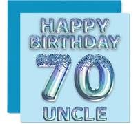 70th Birthday Card for Uncle - Blue Glitter Party Balloons - Happy Birthday Cards for 70 Year Old Uncle from Nephew Niece, 145mm Bday Greeting Cards Gift