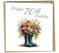70th Birthday Card - Square Style Greeting with Kraft Envelope - Wildflower Floral Bouquet in Teal Welly Boots Print Gardening Milestone Cards for Men Women Mum Dad Friend #1841