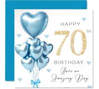 70th Birthday Cards for Men - Blue Glitter Balloons - Happy Birthday Card for 70 Year Old Man Husband Great Uncle Grandpa Dad, 145mm Bday Greeting Cards