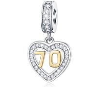 70th Birthday Charms fit Pandora Family Bracelet, Gold Plated Number 70 Dangle, 925 Sterling Silver 70th Anniversary Heart Pendant Beads with CZ, Gifts for Grandparent/Parent/Dad