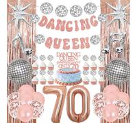 70th Birthday Dancing Queen Decorations 43-Piece Disco Theme Party Kit With Glitter Cake Topper, Silver Confetti Balloons Mamma Mia Inspired 70s Retro Decor For Birthday Party