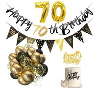 70th Birthday Decoration Kit, Black Gold Theme Happy 70th Birthday Banner Bunting with Confetti Latex Balloons Cake Topper and Number 70 Foil Balloon for Women Men 70 Years Old Birthday Party Supplies