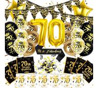 70th Birthday Decoration Men Women, 70th Happy Birthday Decoration Balloon Black Gold Banner Confetti Sash Lanterns Napkins Lantern Table Decoration, Cadeau 70 Woman Man (Set 70th Birthday Decoration)
