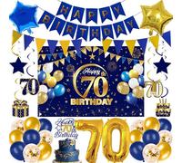 70th Birthday Decorations Balloons Banner - 33 Pcs Blue Gold Banners Foil Balloons Number 70 Star Backdrop Hanging Swirls Cake Topper for Men Women Cheers to 70 Party Decor Supplies