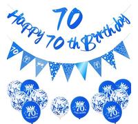 70th Birthday Decorations Blue and White Set - Happy 70th Birthday Banner, Triangle Bunting, Confetti Balloons - Elegant Party Decor for Men or Women