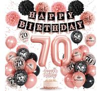 70th Birthday Decorations for Her, Rose Gold Black Confetti Latex Balloons Number 70 Foil Balloon Happy 70th Birthday Banner Cake Topper Paper Pom Poms for Women 70 Year Old Bday Party Decoration