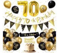 70th Birthday Decorations for Men Women, Black and Gold Birthday Balloons with Number 70 Foil Balloons, Happy 70th Birthday Banner, Bunting, Cake Topper, Sash, Black Gold Birthday Party Decoration