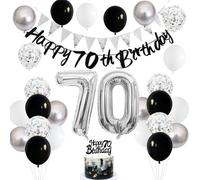 70th Birthday Decorations for Men Women - Black Silver White Balloon Set with Large Number 70 Foil Balloons, Happy Birthday Banner, Cake Topper & Bunting for 70th Party Celebration