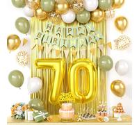 70th Birthday Decorations for Men Women, gold green Happy Birthday Party Decorations With Number 70 Balloons sage green Gold Confetti balloons Fringe Curtain Cake Topper For 70th Party Supplie