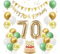 70th Birthday Decorations for Men Women, Sage Green White Gold Balloons Happy Birthday Banner, With Confetti And Cake Decoration, for Men Women Number 70 Party Decorations