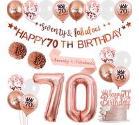 70th Birthday Decorations for Women - 40 Pieces Rose Gold Party Supplies Happy 70th Birthday Banners, Cake Toppers Confetti Balloons Paper Pompoms Sash