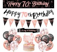 70th Birthday Decorations for Women - Banner, Bunting, Balloons, Triangle Flags, Cake Toppers and Sash - Happy Party Decoration