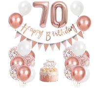 70th Birthday Decorations for Women - Rose Gold and White Balloon Party Set with Number 70 Foil Balloons, Happy Birthday Banner, Cake Topper, Confetti Balloons and Elegant Sash