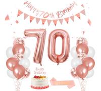 70th Birthday Decorations for Women, Rose Gold White Balloons Decoration, Happy 70th Birthday Banner, Number 70 Foil Balloon, Sash, Cake Topper for 70 Party Decor
