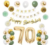 70th Birthday Decorations for Women - Sage Green, White, Gold Balloons With Happy Banner, Number 70 Foil Balloon, Pompoms for 70 Year Old Party Decoration