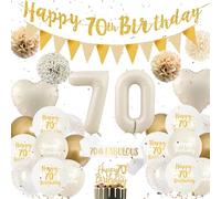 70th Birthday Decorations for Women - Sand White Gold Birthday Party Decoration Set 70 & Fabulous Sash Happy 70th Birthday Banners Balloons Cake Toppers Paper Pom Poms for 70 Years Old Party Supplies