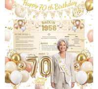 70th Birthday Decorations for Women - White and Gold Balloons,70th Happy Birthday Banner, Triangle Flag Banner, Number 70 Balloons, Back Drop