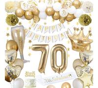 70th Birthday Decorations, Gold 70th Birthday Decorations for Men Women Gold White Balloons HAPPY BIRTHDAY Banner Number 70 Balloons Crown Star Heart Balloons Cake Topper