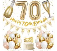 70th Birthday Decorations, Happy 70th Birthday Banner, 40 inches 70 Foil Balloons, Champagne Golden Bottle and Glass, Gold, Pink, White and Confetti Balloons, 70th Party Decorations for Women