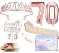 70th Birthday Decorations - Rose Gold Crown Headband, Sash, Gifts for Women, Balloon, Cake Topper, Candle, Pin for Happy 70 Years Old Party
